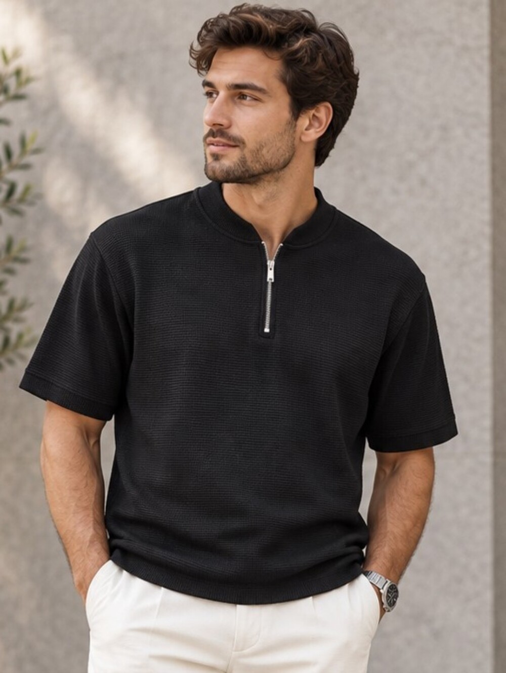 French Connection | Men’s Black Textured Quarter-Zip Short Sleeve Shirt, Size L